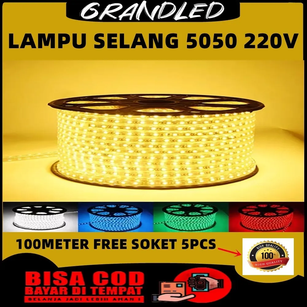 LAMPU SELANG LED STRIP 5050 100METER AC 220V WATERPROOF ( free soket 5pcs ) Lampu selang led drop ceiling plafon outdoor