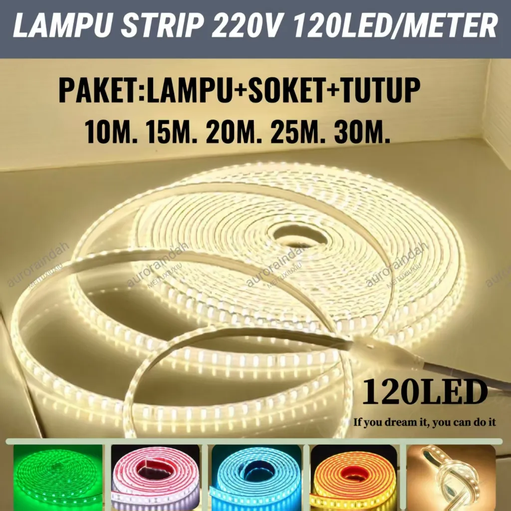 Paket Lampu Strip 120Led /Meter 5050 10m/15m/20m /25m/30Meter (Lampu Strip+ Socket+Tutup )5050 Lampu Hias Cafe Led Strip