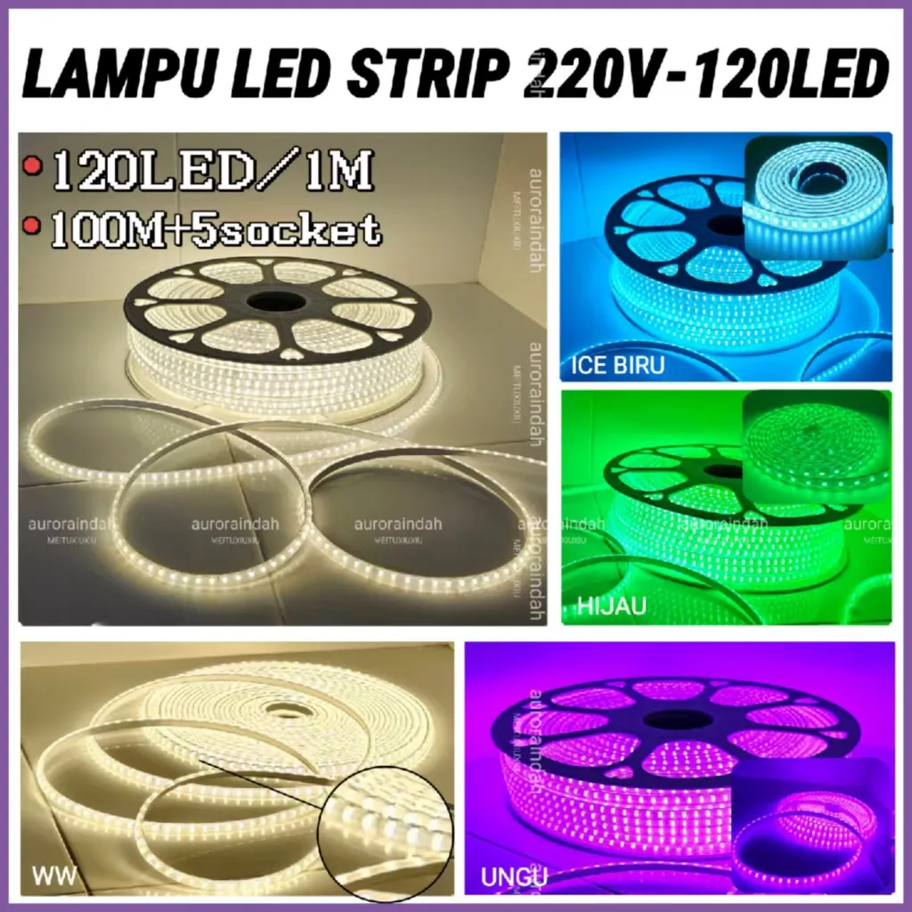 New 120LED/METER Lampu LED Strip Selang 5050 SMD AC 220V 1 ROLL/KOLI (100M FULL+SOKET 5PCS) outdoor