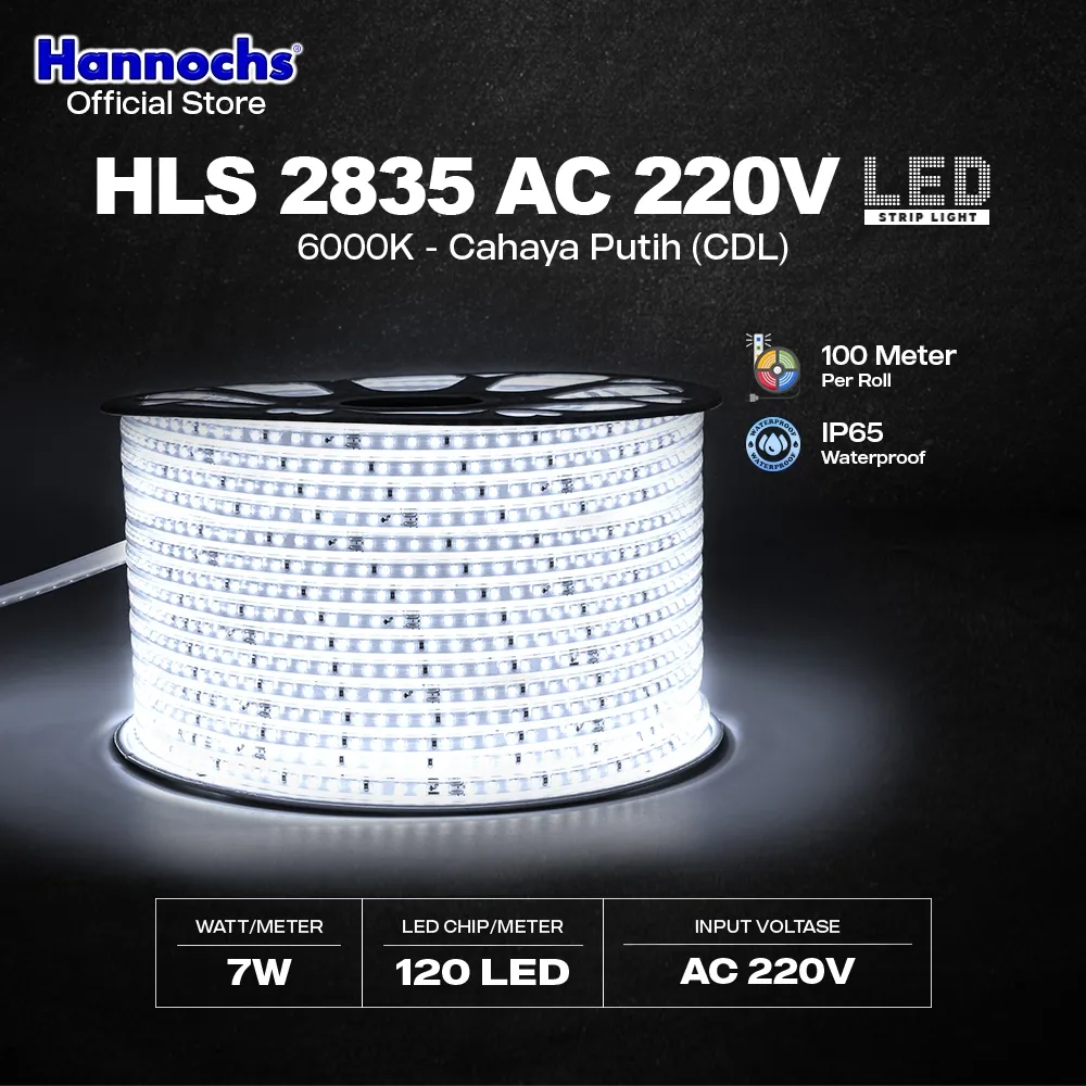 Hannochs Lampu Strip LED HLS 2835 120L 7W 7MM AC 220V (100 Meter) - IP 65