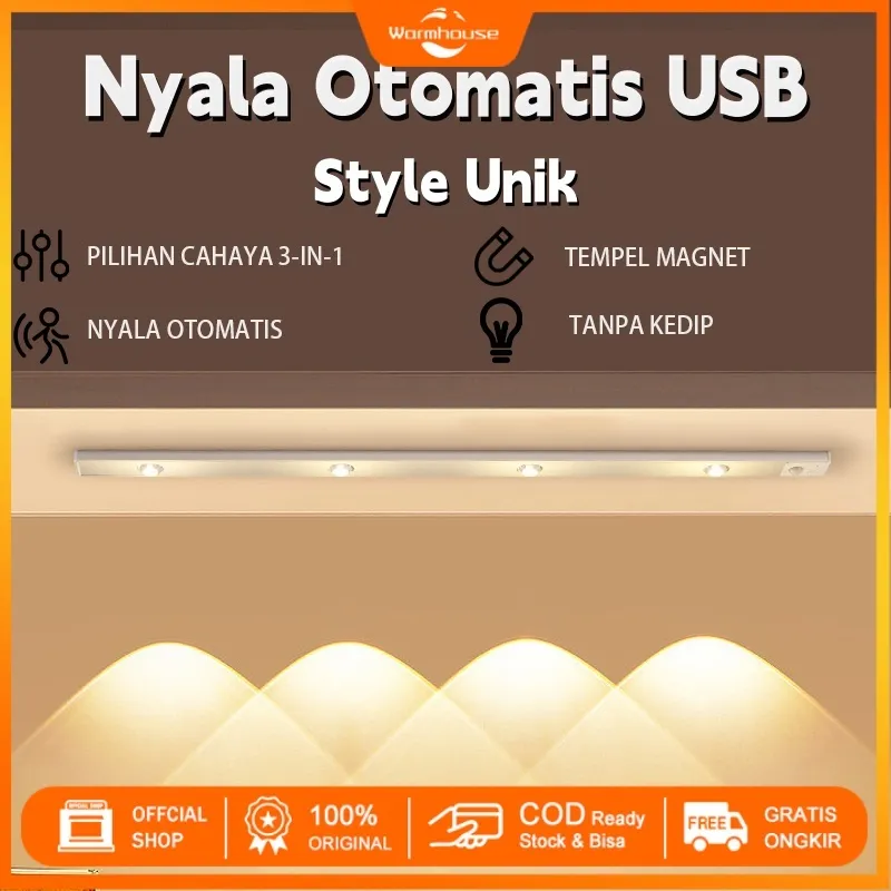 40/60/80CM Lampu Strip LED dengan Sensor, untuk Lemari Dapur, Wardrobe, Dinding, dan Lampu Tidur Malam