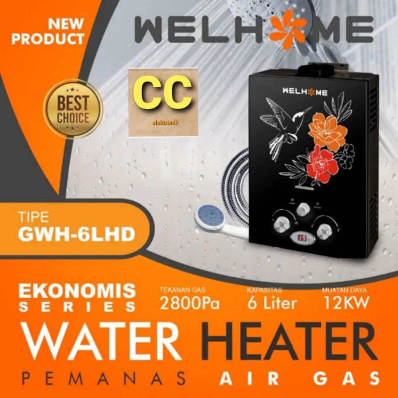 WATER HEATER WELHOME / PEMANAS AIR GAS NIKO NK 6 LDN hitam NK6LDN 6LDN 6LP 6LHD 6LKD