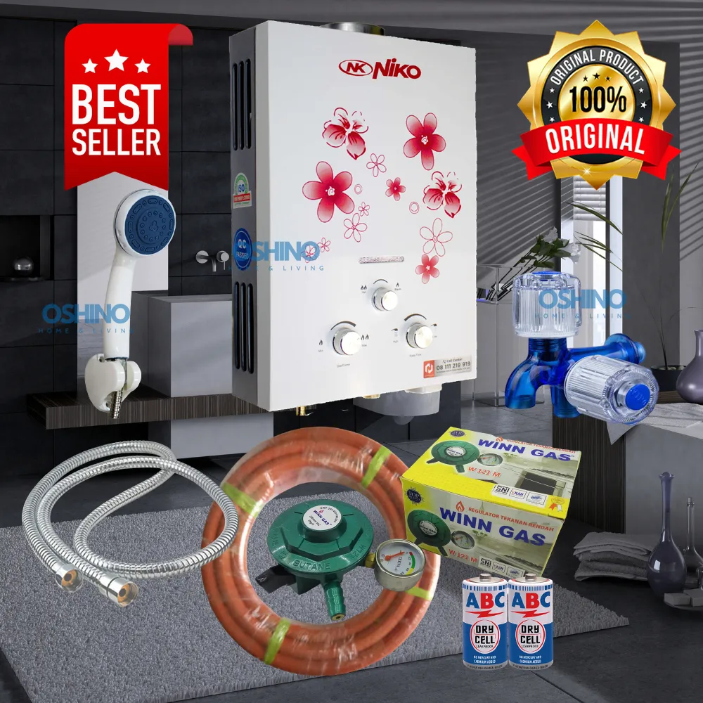 [COD] Paket Water Heater Pemanas Air Kamar Mandi Gas Niko Lengkap Putih