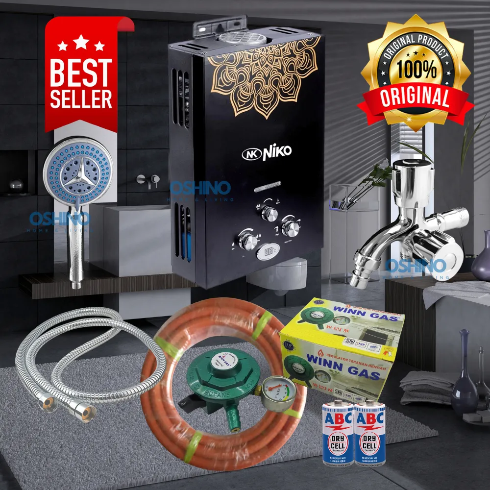 [COD] Paket Water Heater Pemanas Air Gas Hitam NIKO LED Terbaru Dengan Set Stainless