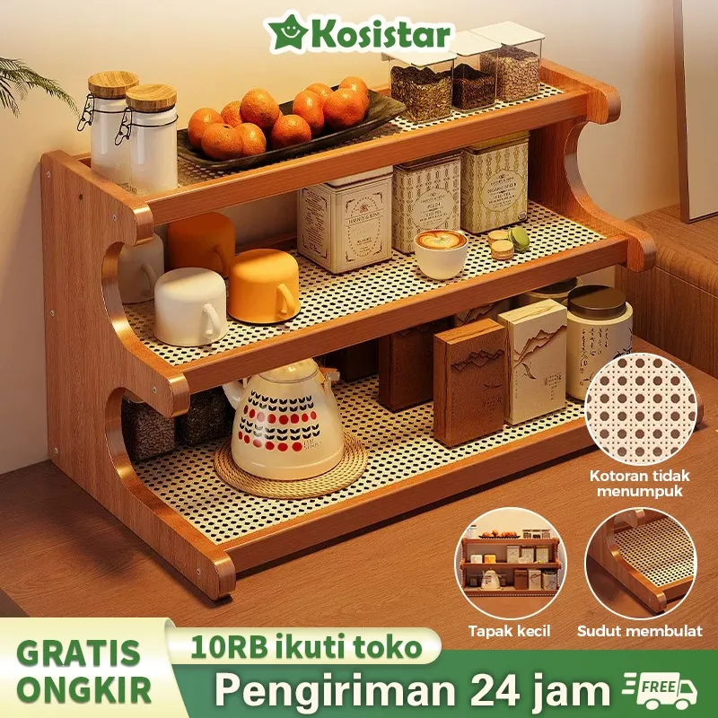 Kosistar Rak Kayu Aesthetic Rak Susun Minimalis Rak Bumbu Dapur Rak Serbaguna Rak Meja Kecil Multifungsi
