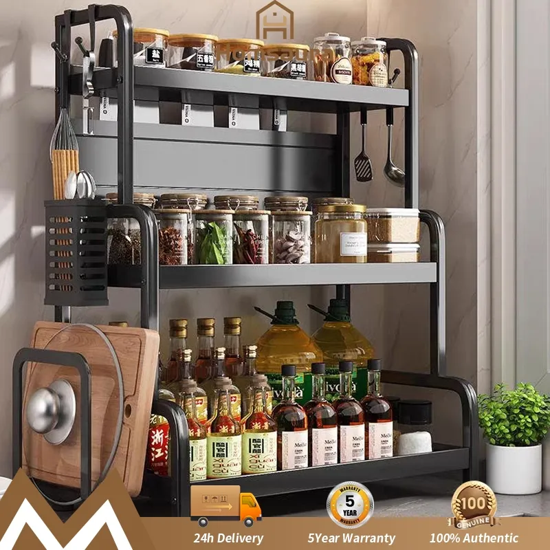 Homsaura Rak Bumbu Dapur Stainless Steel 2-3 Susun Rak Bumbu Dapur Estetik Rak Botol Bumbu Dengan Aksesoris