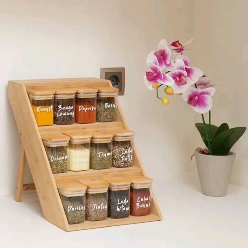 Rak Bumbu Dapur Susun 3 Tingkat Serbaguna Tempat penyimpanan bumbu kayu Minimalis (miring) (432509)