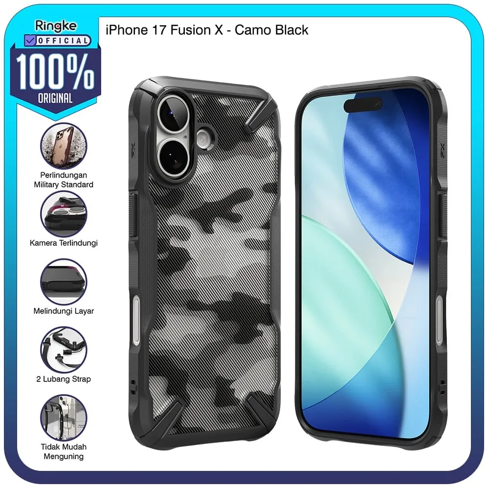 Ringke for iPhone 17 Fusion X Camo Black Hitam Case Slim Armor Tough Rugged Cover Handphone Melindungi Layar Kamera Anti Slip Anti Crack Casing Softcase Tipis Shockproof Hardcase Full Cover Military Drop No Yellowing Thin Fit Hybrid PC TPU Tahan Banting