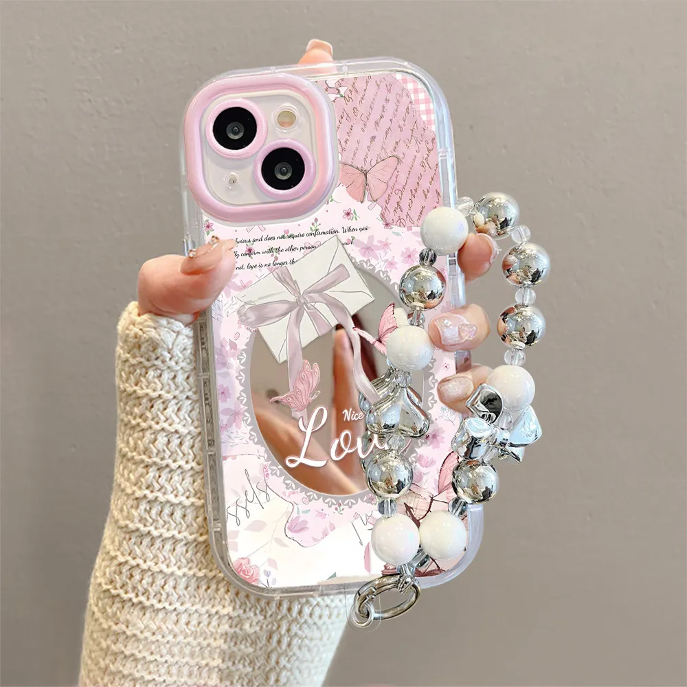 Casing HP Untuk iPhone 16 11 12 13 14 15 pro xs XR 14 plus pro max 7 8 6 7+ 8+ 6+ Xs Max Casing Kaca dengan Gambar Kupu-kupu dan Kalung Manik SRT02049