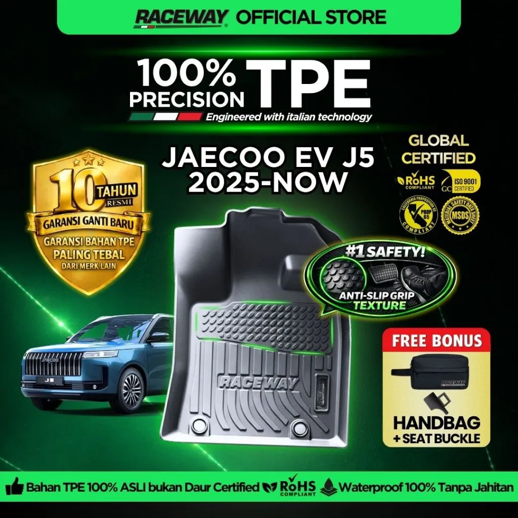 RACEWAY Karpet Mobil JAECOO J5 EV 2025-2026 Hitam Bahan TPE Garansi 10 Tahun 100% Presisi Anti Air Slip
