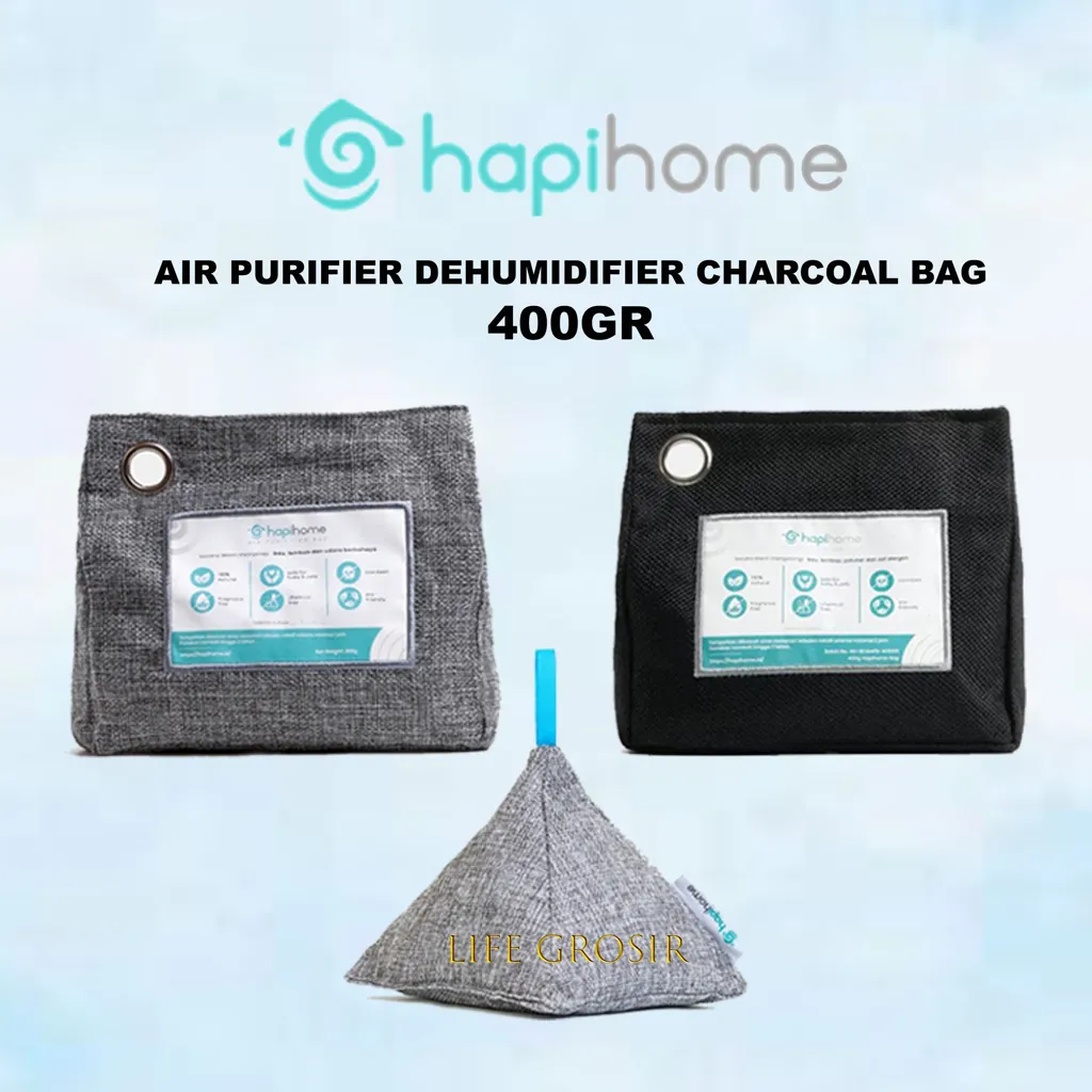 HAPIHOME 400GR NATURAL AIR PURIFIER DEHUMIDIFIER BAG PEMBERSIH UDARA ALAMI, PENYERAP LEMBAP DAN BAU BAMBOO CHARCOAL ARANG AKTIF DEHUMIDIFIER ORIGINAL PYRAMID BLACK GREY