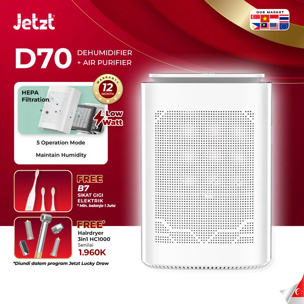 Jetzt D70 Dehumidifier Air purifier Mengurangi Kelembapan Ruangan 1.6L dengan HEPA Filter & Anion | Digital, Senyap, Hemat Listrik