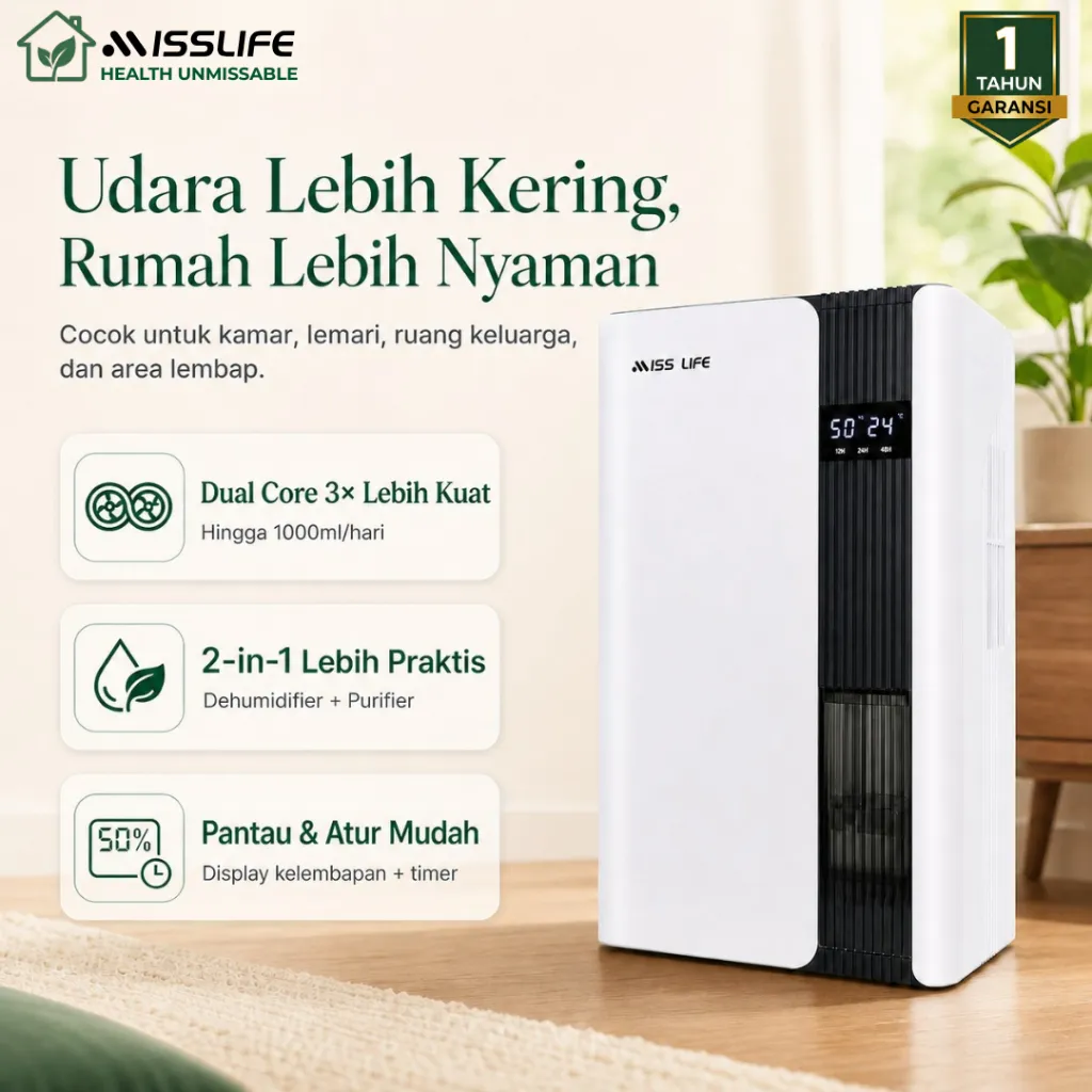 MISS LIFE Dry Duo Dehumidifier Pengering Udara 1000ml/hari Penghilang Lembap Bau Apek Jamur Tangki 2.3L Layar Digital Suhu Kelembapan Timer 48 Jam Auto Stop Ion Negatif Filter Karbon Aktif untuk Kamar Rumah Kantor