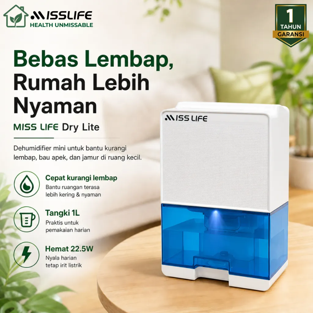 Miss Life Air Dehumidifier Kamar Serap Air Moisture Ruangan Lembab Kontrol Kelembaban Pencegahan Jamur & Bau Apek - Pengering Udara 23W Hemat Listrik - 1 Unit > 500 Kotak Serap Air - Mesin Penyerap Kelembaban Lemari Baju Portable Alat Anti Lembab Jamur