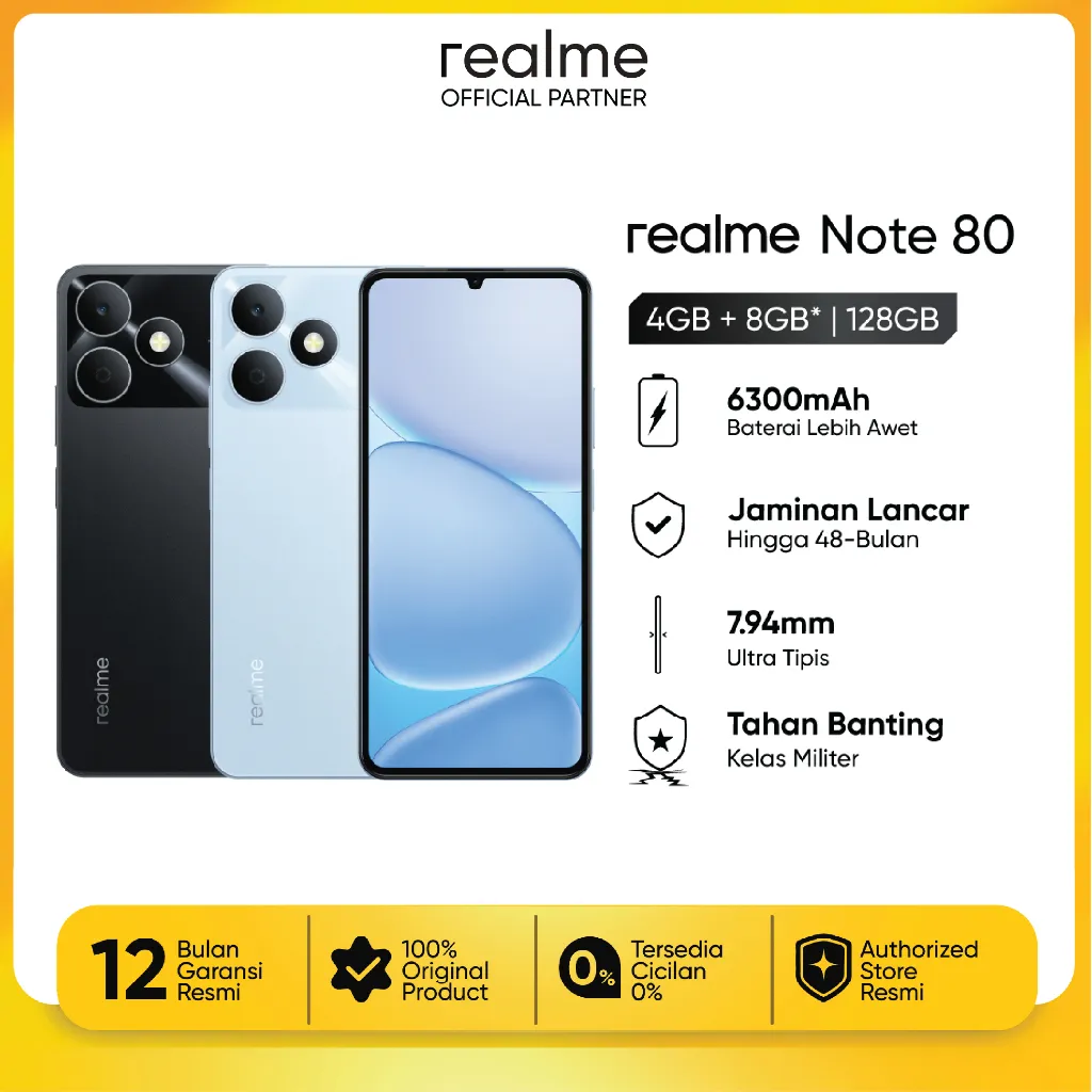 realme Note 80 4GB+8GB*|128GB (Desain Tangguh | 6300mAh Baterai | Proteksi ArmorShell | Jaminan Lancar Hingga 48-bulan | IP54)