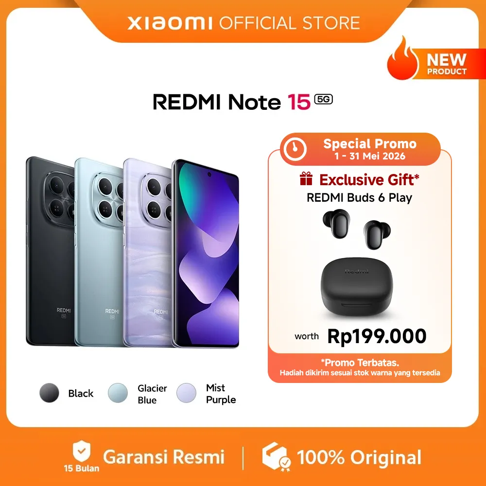 Xiaomi Redmi Note 15 5G (6/128 GB) (8/256 GB) (12/512 GB) | Baterai 5520mAh dengan desain ramping | Kaca layar dengan daya tahan tinggi | IP66 Ketahanan debu dan air | Kamera super jernih 108MP | Layar AMOLED FHD+ 6,77" | NFC [Xiaomi Official Store]