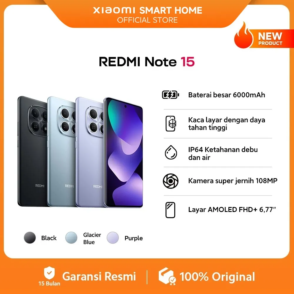 Xiaomi Redmi Note 15 (6/128 GB) (8/128 GB) (8/256 GB) | Baterai besar 6000mAh | Kaca layar dengan daya tahan tinggi | IP64 Ketahanan debu dan air | Kamera super jernih 108MP | Layar AMOLED FHD+ 6,77" | NFC [Xiaomi Official Store]