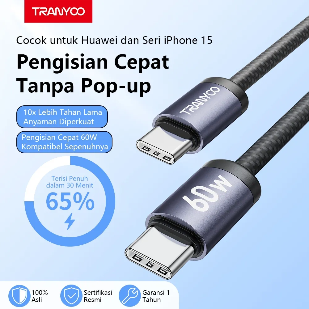 TRANYOO T-P21 PD60W Type-C Kabel Fast Charging, Bahan Anyaman Alloy, Panjang 1 Meter, Type-C To Type-C / Type-C To Lightning (iPhone), Cocok Untuk iPhone, Laptop, Samsung, Xiaomi, POCO, Vivo, Oppo, Redmi, Infinix, Huawei Serta Smartphone Android