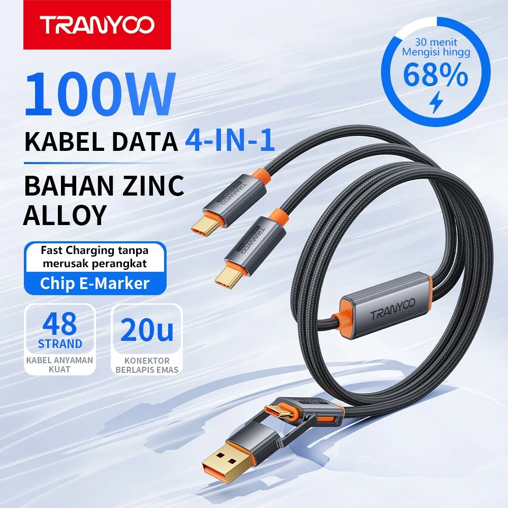 TRANYOO T-XS11 Kabel data 4 IN 1 pengisian cepat PD 100W Fast Charging cable charger USB/TYPE-C ke TYPE-C multifungsi Kompatibel dengan Cocok untuk iPhone15/16 Vivo Oppo Huawei Samsung realme POCO XIAOMI redmi Infinix Android Smartphone Laptop Tablet