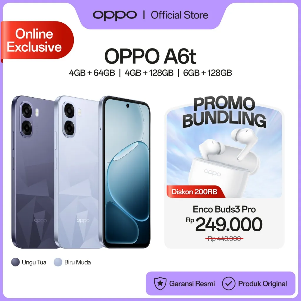 [BARU] OPPO A6t Online Exclusive 4+64/128GB & 6+128GB [Snapdragon 685, 6500mAh Large Battery, 120Hz Ultra High Refresh Rate]