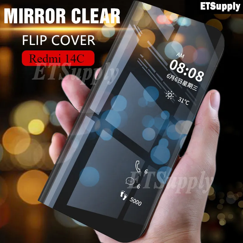 For Redmi 14C Poco C75 X7 Pro Flip Case Smart Cosmetic Mirror Cover for Redmi 14 C Shockproof Cases Clear View Stand Housing