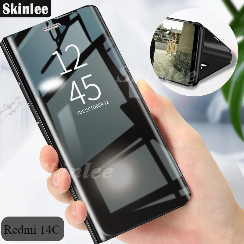 For Redmi 14C case Flip Cases Luxury Plating Smart Clear View Mirror Stand Transparent Cover For Redmi 14 C Poco C75 Phone casing Cases Casing