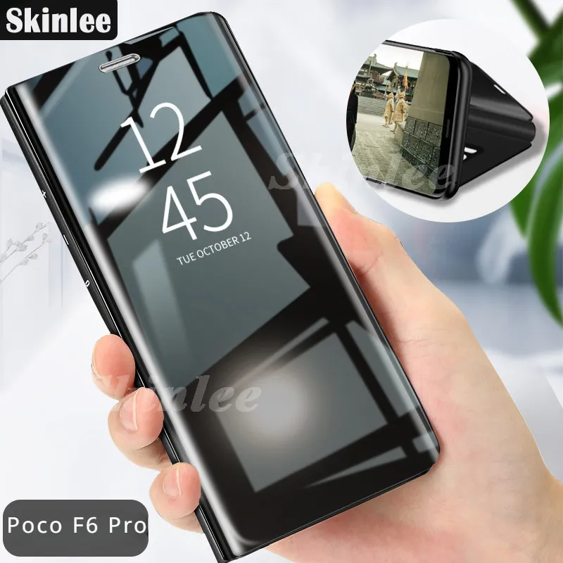 For Xiaomi Poco F6 X6 Pro M6 F6 case Flip Cases Luxury Plating Smart Clear View Mirror Stand Transparent Cover For Xiaomi Poco F6 Pro Phone casing Cases