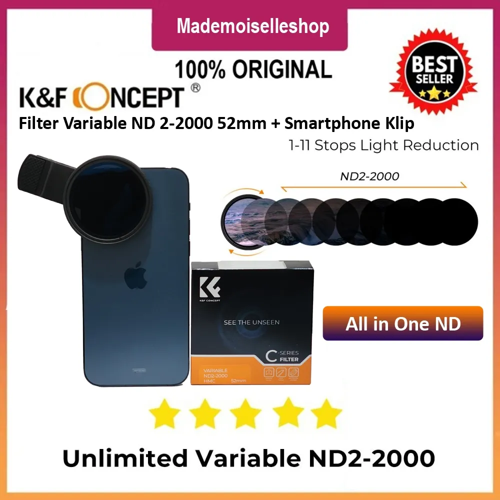 KNF CONCEPT Variable ND 2-2000 Filter Smartphone with Phone Klip 52mm For Samsung IPhone Vivo Oppo - All in One ND