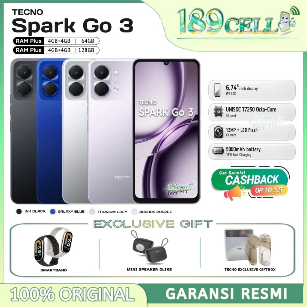 TECNO SPARK GO 3 RAM 4/64GB 4/128GB - SPARK GO3 RAM 3/64 GB 4/64 GB 4/128GB GARANSI RESMI TECNO INDONESIA