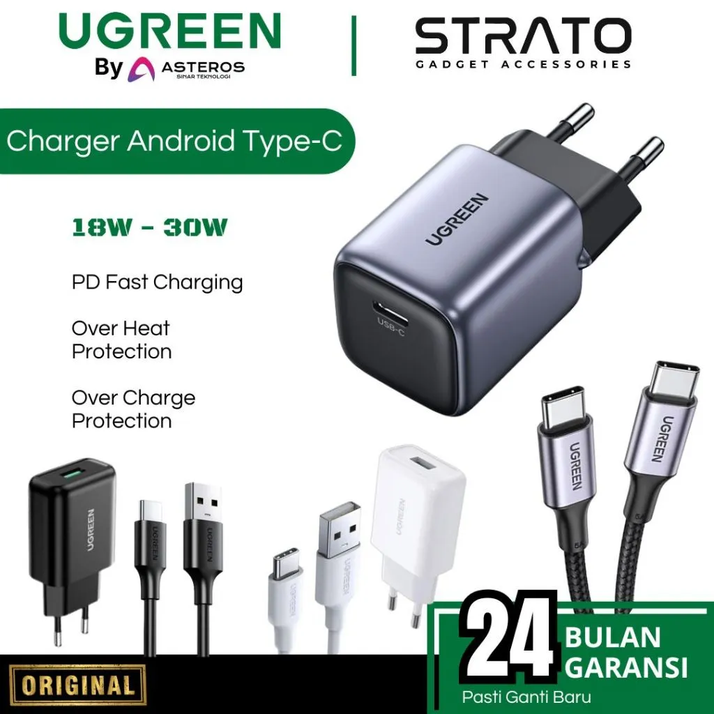 Wall Charger UGREEN (Adaptor + Kabel Type C MFi) 18 20 30 45 W (Watt) PD Fast Charging for Android Smartphone SAMSUNG, OPPO, VIVO, REALME, INFINIX Support Fast Charging
