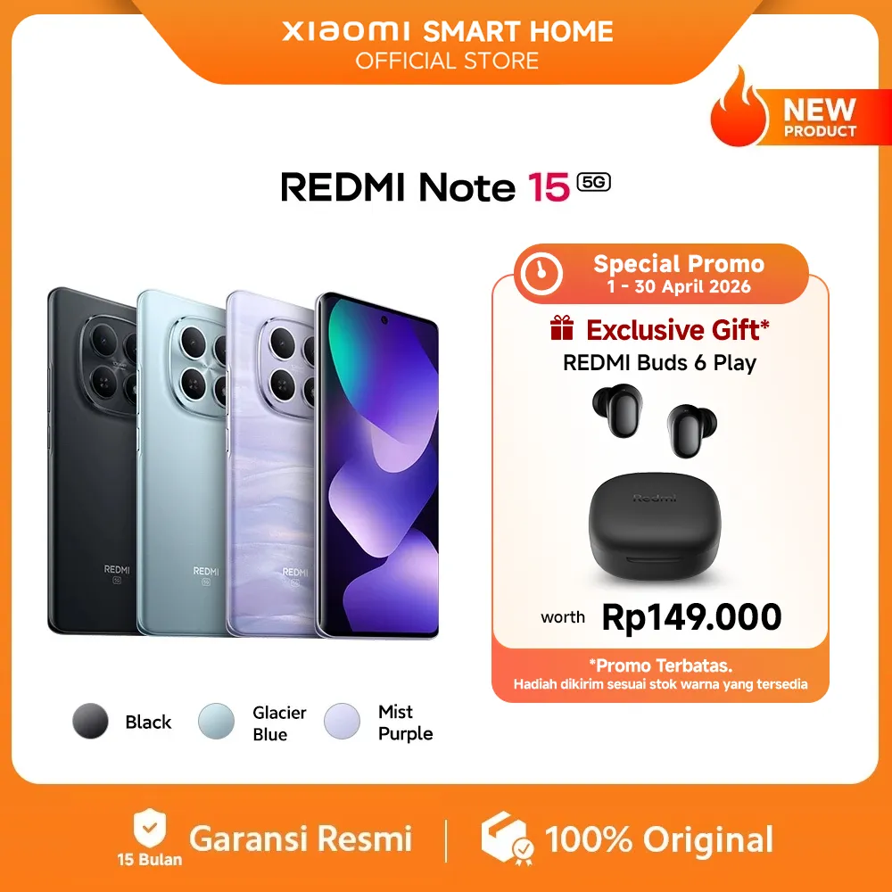 Xiaomi Redmi Note 15 5G (6/128 GB) (8/256 GB) (12/512 GB) | Baterai 5520mAh dengan desain ramping | Kaca layar dengan daya tahan tinggi | IP66 Ketahanan debu dan air | Kamera super jernih 108MP | Layar AMOLED FHD+ 6,77" | NFC [Xiaomi Official Store]