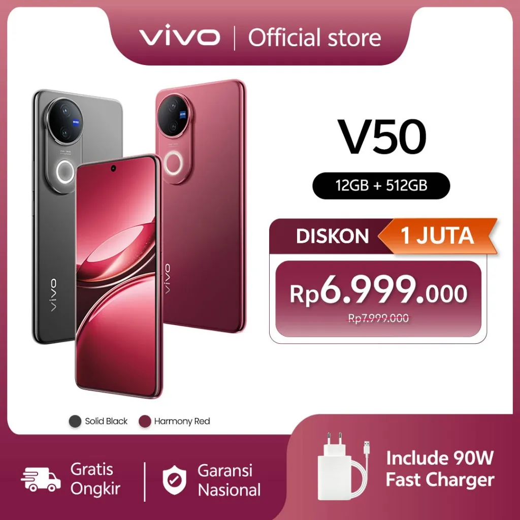 vivo V50 5G (12/512) Rounded-edge Design, ZEISS Group Potrait, 6000mAh Battery+90W Flashcharge, IP68+IP69, vivo AI