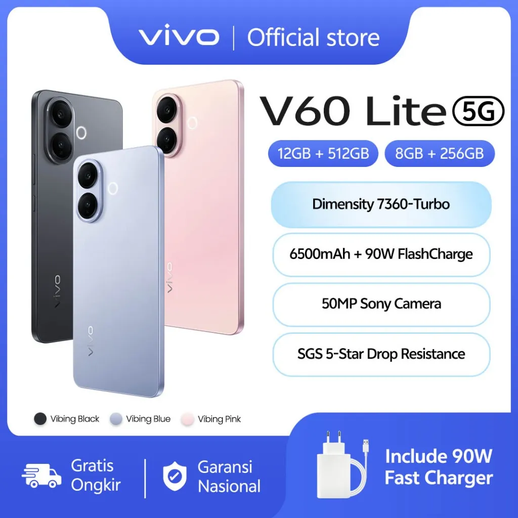 vivo V60 Lite 5G Dimensity 7360-Turbo, 6500 mAh + 90W FlashCharge, 50MP Sony Camera, AI Four-Seasons, SGS 5-Star Drop Resistance