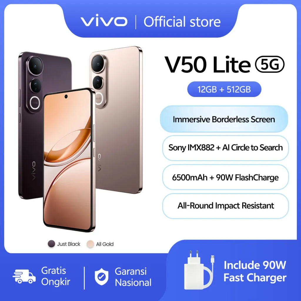vivo V50 Lite 5G (12/512) Borderless Immersive Screen, Sony IMX882, 6500mAh Battery+90W Flashcharge, AI Erase 2.0, All-round Impact Resistance