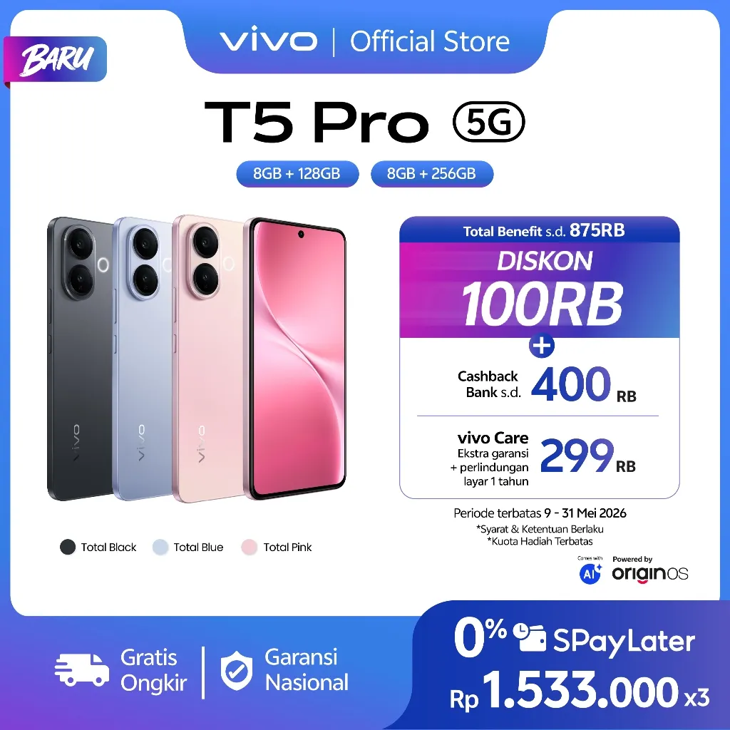 [ONLINE EXCLUSIVE] vivo T5 Pro 5G - Dimensity 7400-Turbo 5G + UFS 3.1, 6500 mAh + 90W FlashCharge, Origin OS + vivo AI, 50MP Sony IMX882