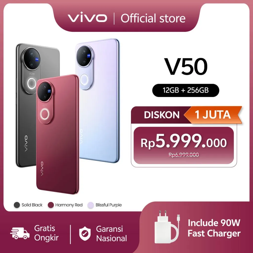 vivo V50 5G (12/256) Rounded-edge Design, ZEISS Group Potrait, 6000mAh Battery+90W Flashcharge, IP68+IP69, vivo AI