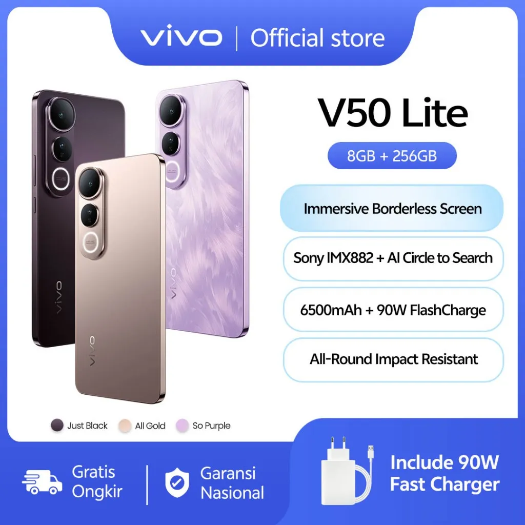 vivo V50 Lite 4G (8/256) Borderless Immersive Screen, Sony IMX882, 6500mAh Battery+90W Flashcharge, AI Erase 2.0, All-round Impact Resistance