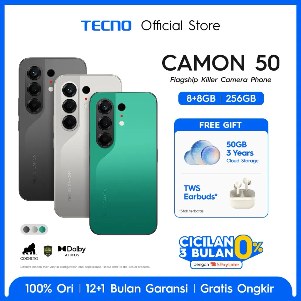 [SUPERZOOM FLASHSNAP] TECNO CAMON 50 8GB+8GB*/256GB, 50MP Sony + 8MP Ultra Wide, 32MP Front Camera, 1.5K 144Hz AMOLED, Mediatek Helio G200 Ultimate , IP69K, 45W Ultra Charging, camon50