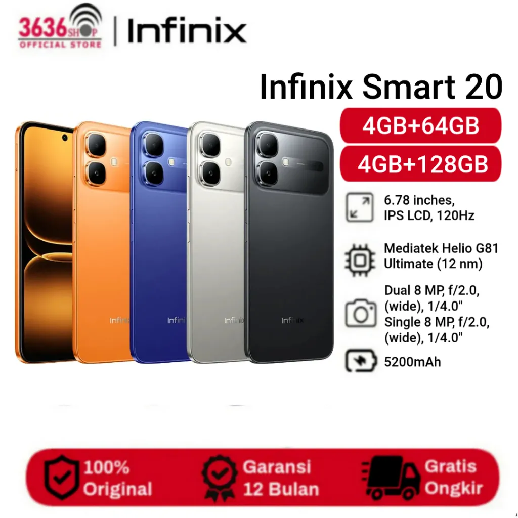 infinix smart 20 LTE 4GB+64GB - 4GB+128GB Display Size 6.78 inches - Mediatek Helio G81 Ultimate - 5200mAh - Garansi Resmi 1 tahun