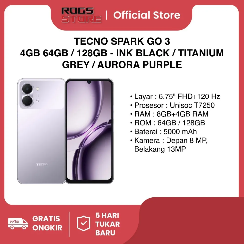 TECNO SPARK GO 3 4GB 64/128GB - GARANSI RESMI