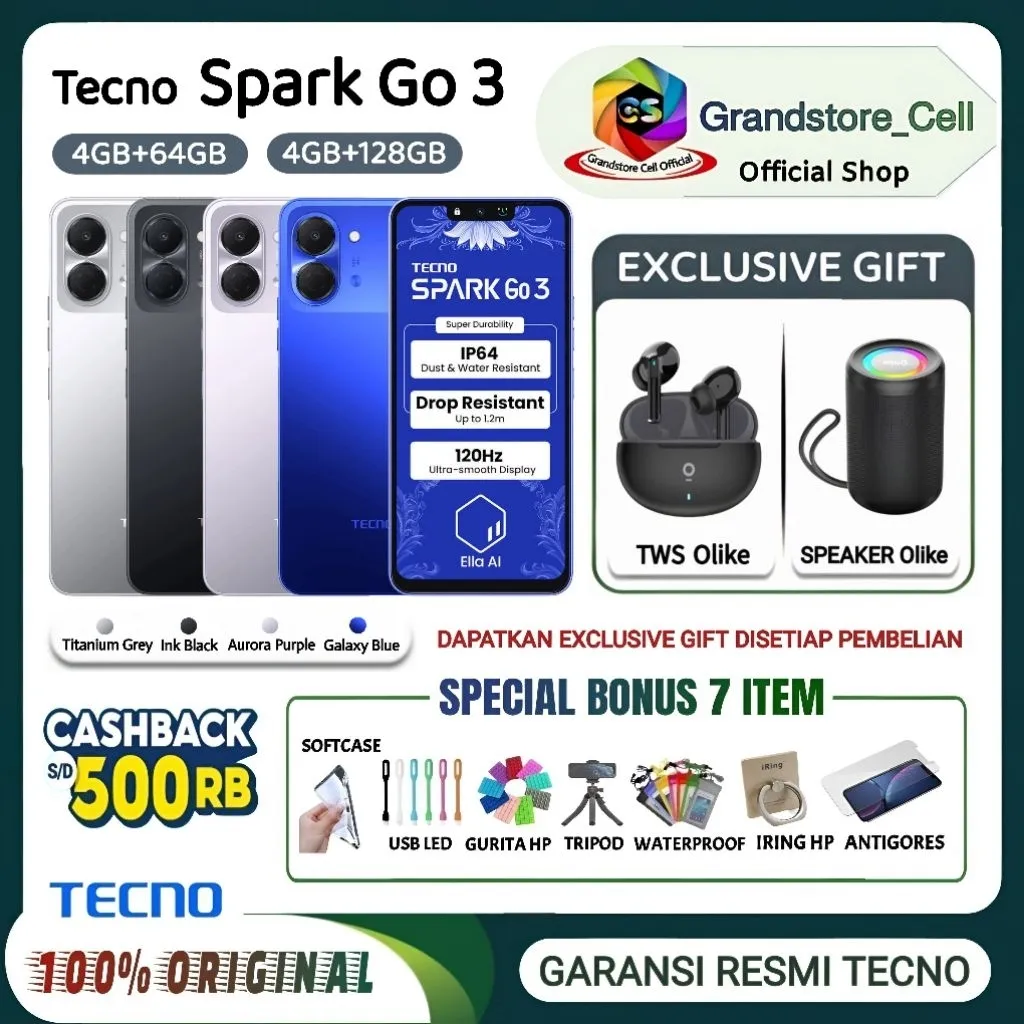 TECNO SPARK GO 3 [4/64 GB] [4/128 GB] - Unisoc T7250, IP64, 5000mAh 15W Charging | GARANSI RESMI TECNO INDONESIA - Go3