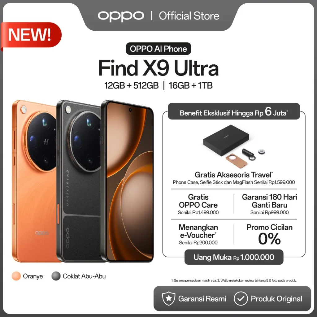 [HANYA UANG MUKA] OPPO Find X9 Ultra 16GB+1TB (TIDAK ADA PENGIRIMAN HANDPHONE UNTUK PEMBELIAN UANG MUKA, Handphone baru akan dikirim setelah melakukan PELUNASAN di tanggal 21 Mei - 5 Juni 2026)