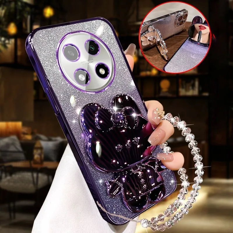 Casing HP Honor X9c 5G / Honor X9c Smart 5G X5B Plus dengan Tali Kristal + Cermin Rias Lucu Kelinci Dudukan Telepon Dudukan Kelinci Tahan Guncangan Penutup Belakang
