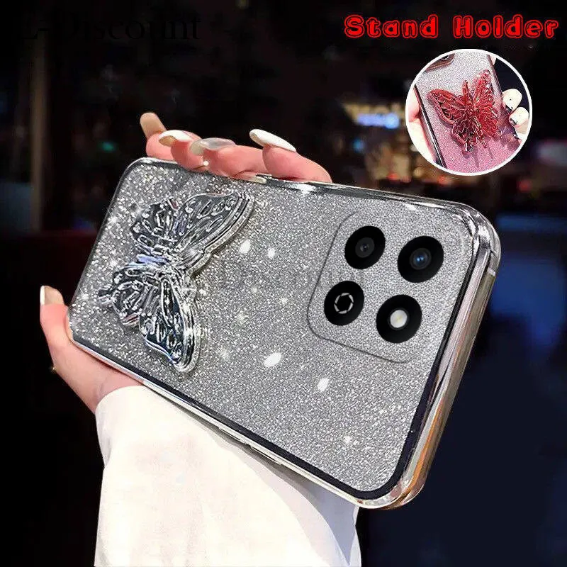 New Phone Casing Honor 200 400 Lite Smart X7C X9C X7D X9D X5 X5B Plus Pura 70 Pro 70 Ultra Nova 14 Pro Back cover dengan Cute Butterfly Stand Luxury Slim Gradient Clear Plating Glitter Girls Untuk Honor200 400 Lite Kasus pintar Kasus HP