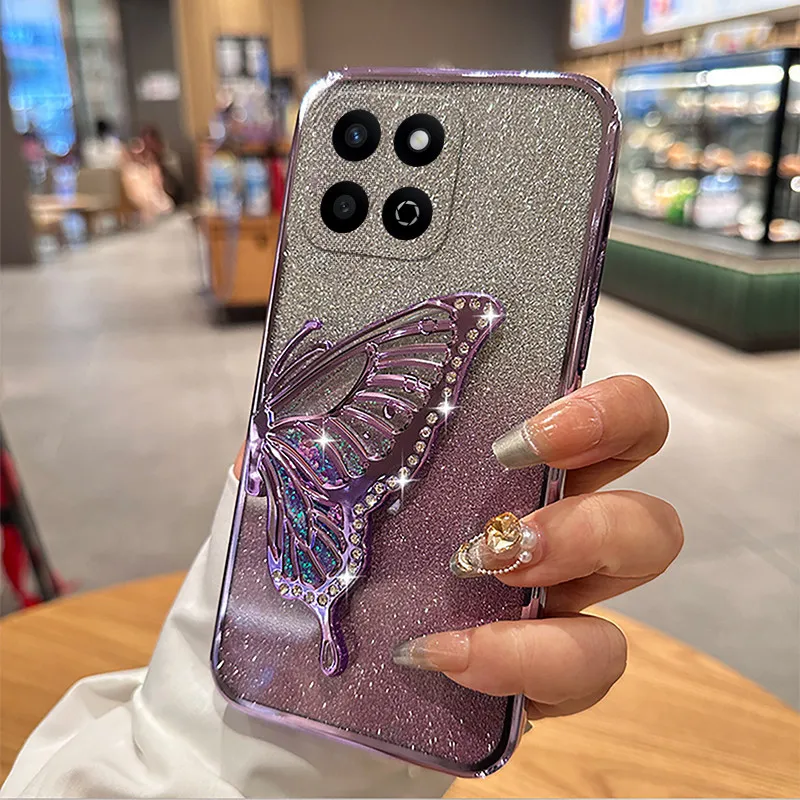 Casing HP Honor 200 400 Lite Smart X7C 4G 5G X9C Smart X7D X9D X5B Plus berlian mengkilap Cairan Bening Berdiri kupu-kupu braket silikon lembut Perlindungan Kamera Penutup belakang