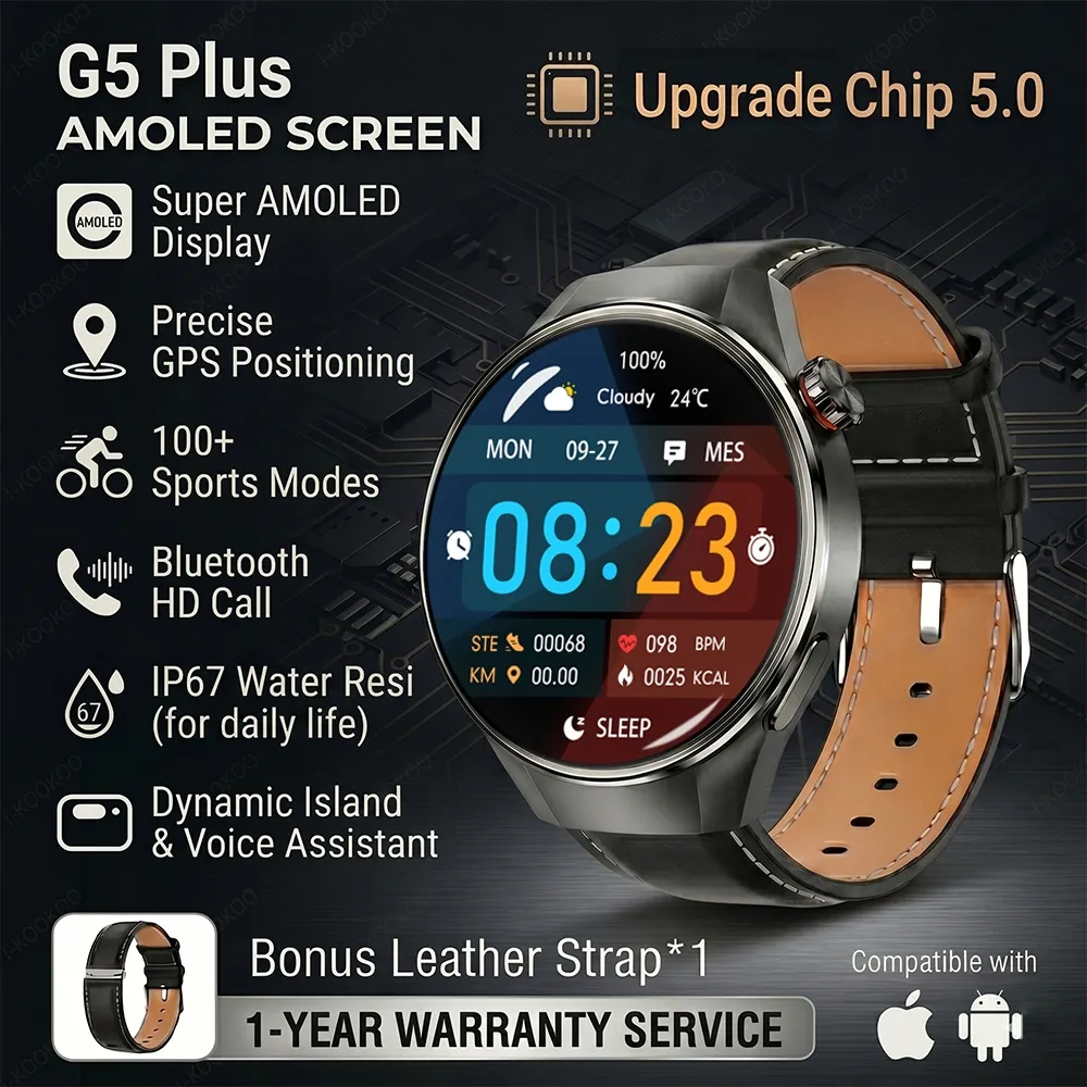 I-KOOKOO G5 PLUS Smart Watch, 2.0 Upgrade Chips 2.08"AMOLED Display GPS Outdoor Sports Smart Watch For Men|400mAh 30-Day Battery Life Fitness Tracker |Replacement For Huawei Watch GT 6 Series|Jam tangan pintar | IP68 Tahan Air