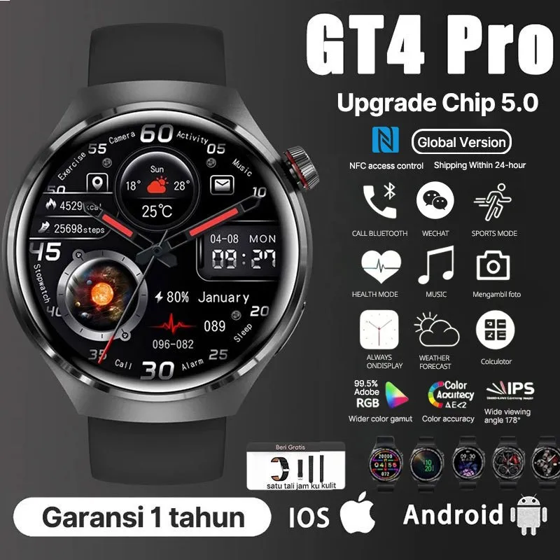 [Garansi 1 Tahun] 2026 NEW GT4 Pro NFC Smartwatch |Upgrade chip 5.0| 1.78” OLED Display | 720 hours battery life | Bluetooth 6.0 |150+ Sports Modes | Bluetooth Calls | Pemantauan tidur | IP67 Tahan Air | for iPhone Android iOS | Garansi Resmi 1 Tahun