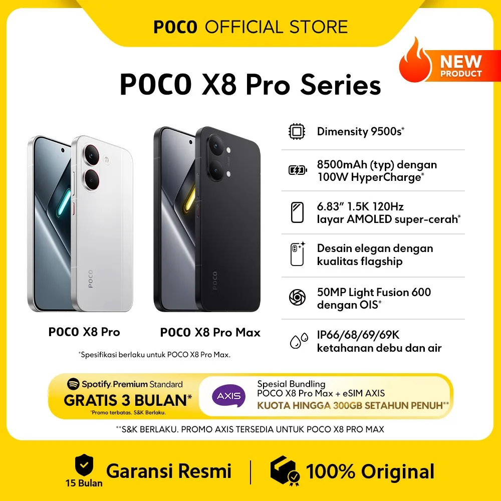 POCO X8 Pro Series | POCO X8 Pro Max (12GB/512GB)  (12GB+256GB) | POCO X8 Pro (12GB+512GB) (8GB+512GB) (8GB+256GB) | Dimensity 9500s* | 8500mAh (typ) battery dengan 100W HyperCharge* | HP Gaming [Xiaomi Official Store]