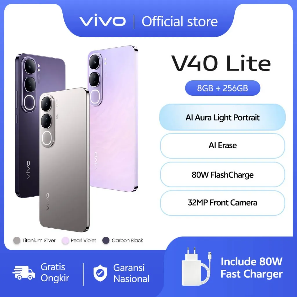 vivo V40 Lite 4G (8/256) - AI Aura Light Potrait, AI Erase, 80W FlashCharge, 32MP Front Camera