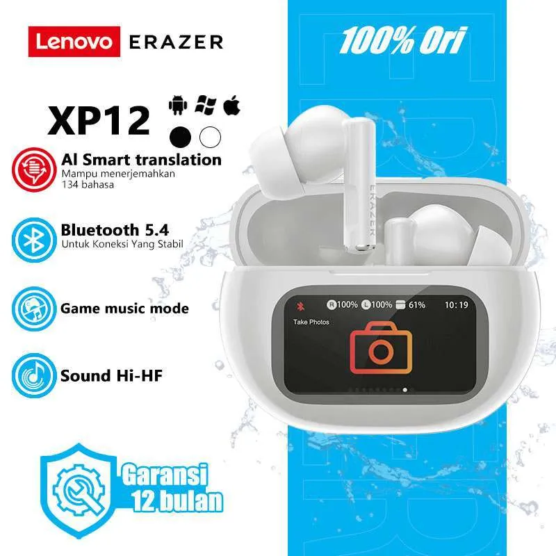 Lenovo ERAZER XP12 Earphone Bluetooth TWS In-Ear Smart Touch Screen Layar Sentuh Multifungsi AI Terjemahan 134 Bahasa Bluetooth 6.0 Low Latency Gaming OWS HiFi ENC Baterai Panjang Wireless Headset